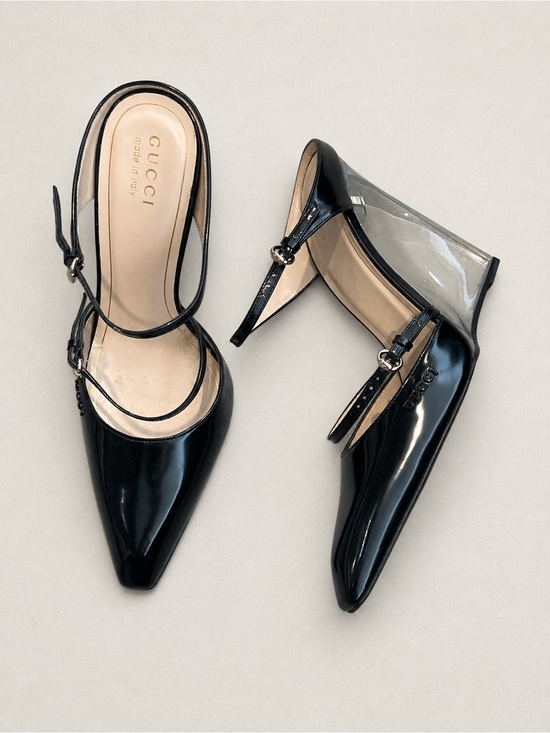 Gucci Shoes - Gucci Black Patent Pointed Pumps with Clear Wedge
